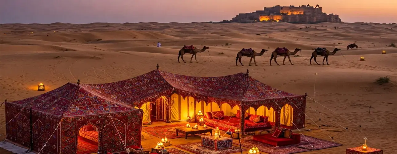 Ornate, lit desert camp and camels walking towards a distant fort across sand dunes at twilight in India.