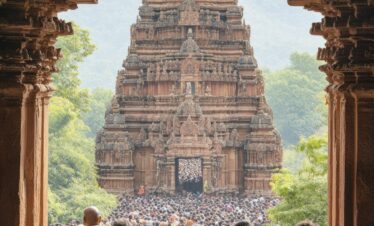 An intricately carved stone temple spire is perfectly framed by a weathered rock archway against a backdrop of misty green hills.