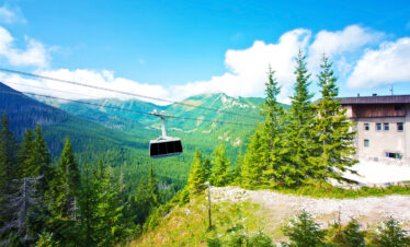 A cable car glides over a lush evergreen forest and mountain valley under a bright blue sky.