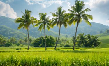 view green palm trees with mountains in the background